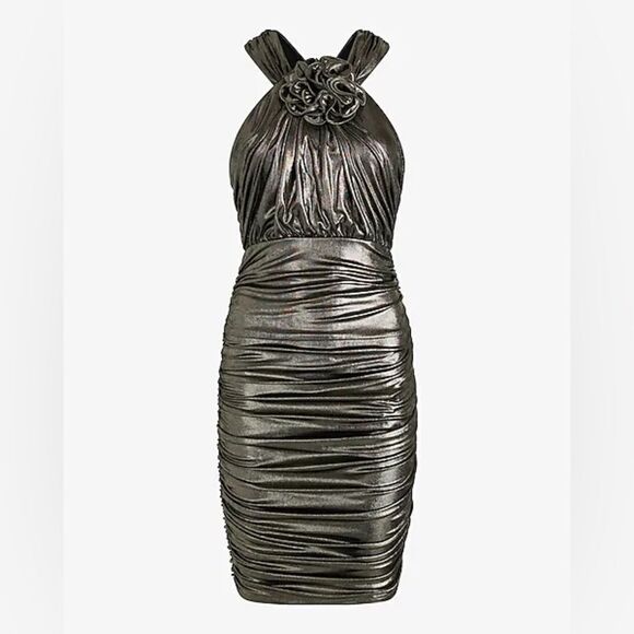EXPRESS Metallic Rosette Halter Ruched Mini Sheath Dress y3k - Picture 4 of 16